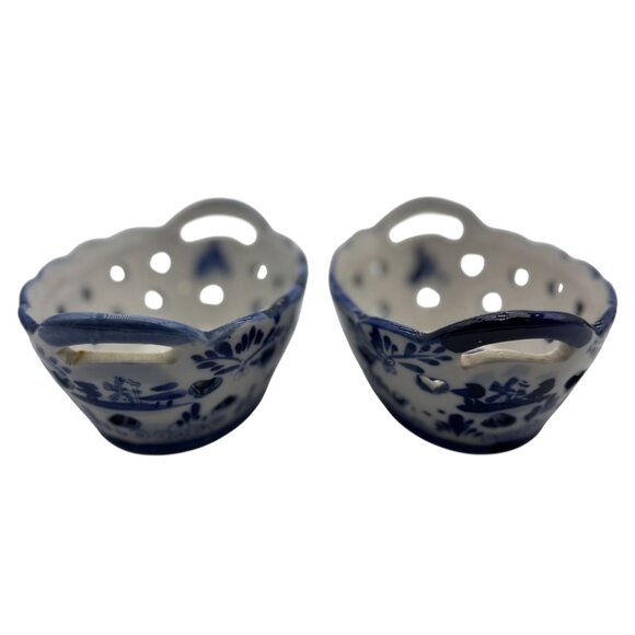 Dutch Delft Style Blue & White Ceramic Pierced Oval Bowls With Windmill Design - Picture 4 of 4